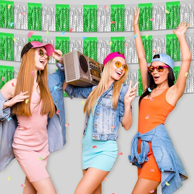 6 Pack 10 Feet Silver Green Wave Foil Fringe Garland Metallic Tinsel Streamers Banner Wall Hanging Curtain Backdrop for Parade Floats, Mother's Day, Easter, Wedding, Birthday Party Decoration