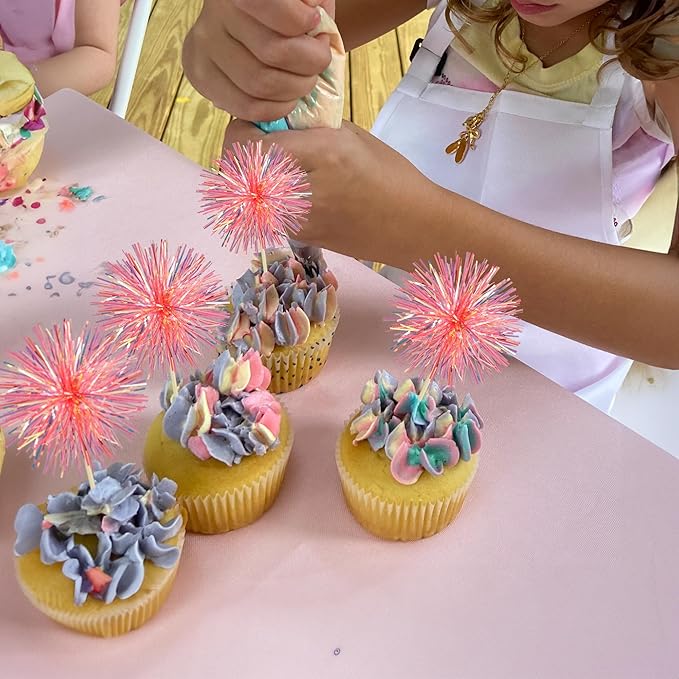 Ephlyn 30Pcs Foil Firework Cupcake Toppers Sparkle Tinsel Cupcake Picks Happy Birthday Cake Decorations Drink Stirrers Cocktail Food Fruit Toothpicks for Baby Shower Graduation Party Supplies Orange