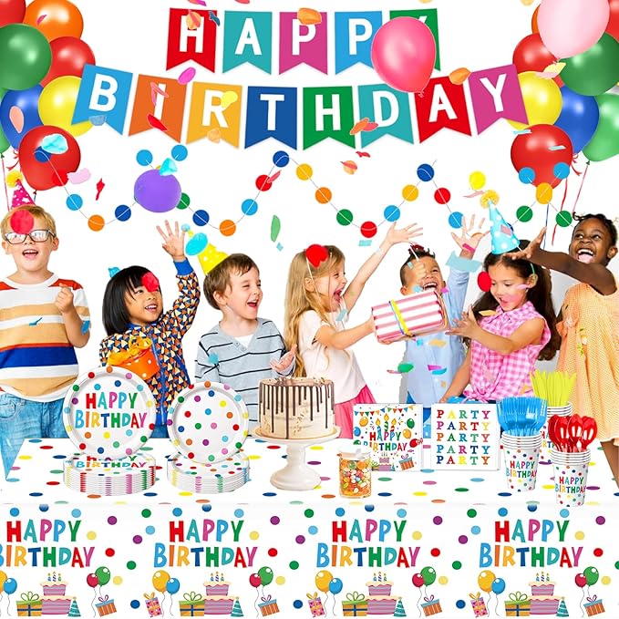 Happy Birthday Decorations - Colorful Dots Birthday Party Supplies Includes Plates, Napkins, Cups, Cutlery, Banner, Hanging Swirl, Tablecloth, Balloons for Kids Boys Girls, Serves 24