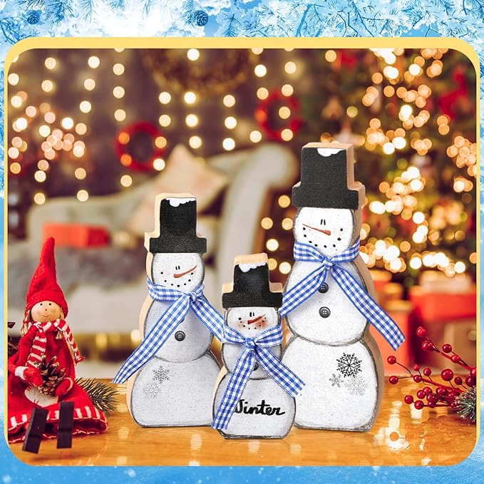 Suzile 3 Pcs Christmas Snowman Table Decorations Winter Wooden Snowman Centerpiece Block Signs Tiered Tray Desktop Figurine for Indoor Fireplace Mantel Home Decor Holiday Xmas Party Supplies (Blue)
