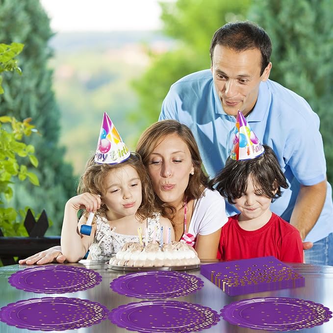 50PCS Purple Paper Plates and Napkins Set - Purple and Gold Dot Party Plates Disposable Party Tableware Dinnerware Set Party's Supplies Decorations for Birthdays, Baby Shower, Weddings and Holidays