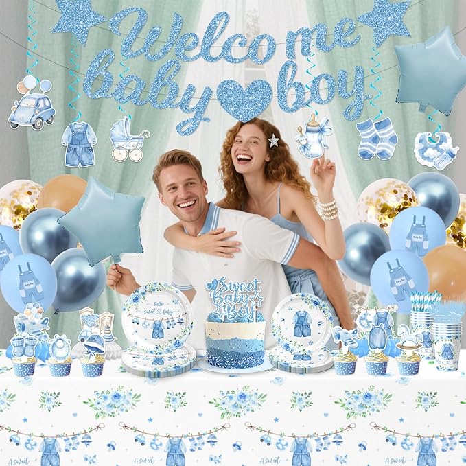 175PCS Blue boy Baby Shower Decorations Birthday Decorations Disposable Plates Napkins Set, Banner, Hanging Swirls, Tablecloth, Cake Topper, Balloon, Honeycomb Centerpieces Table Decorations