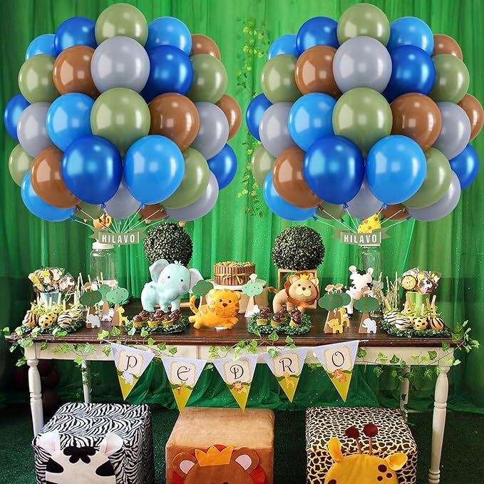 Blue Green Balloons 60 Pcs 12 Inch Sage Green Blue Brown Balloons Neutral Boho Avocado Green Pearl Dark Navy Blue Khaki Brown Grey Balloon for Boys Bear Jungle Baby Shower Birthday Party Decorations