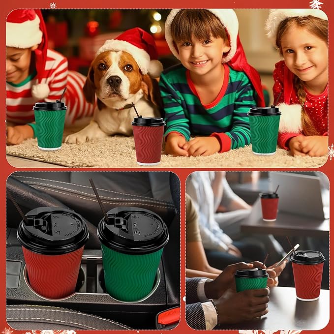 100 Pack 12 Oz Christmas Paper Coffee Cups with Black Lids Disposable Insulated Corrugated Ripple Wall Cup for Hot or Cold Drinks Office Home Travel Party Supplies