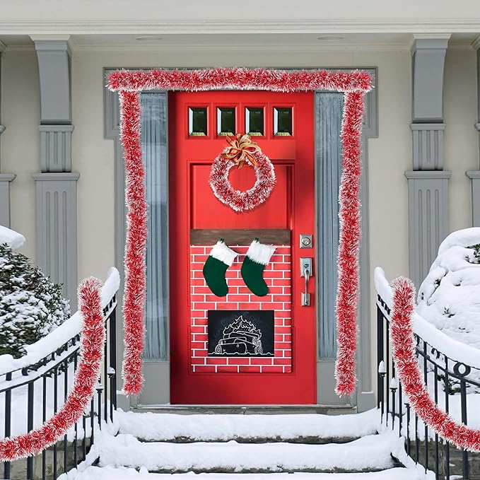 50FT Red White Christmas Tinsel Garland, Metallic Twist Xmas Garlands for Christmas Tree Decorations, Holiday Hanging Garlands for Mantel Staircase Indoor Outdoor Home Office Party Holiday Decor