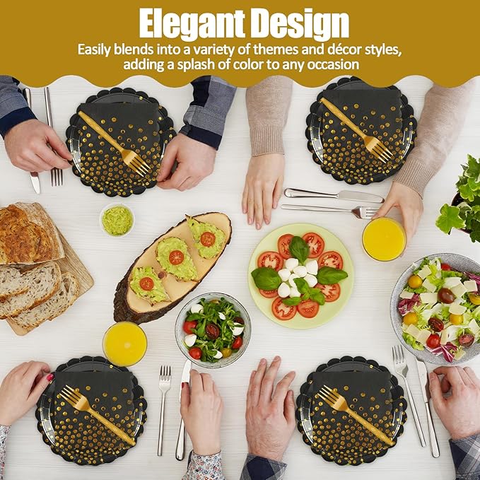 90PCS Black and Gold Plates and Napkins Party Supplies Decorations, 7Inch Scalloped Black Paper Plates and Napkins Set Disposable Party Dinnerware for Birthday Wedding,Graduation