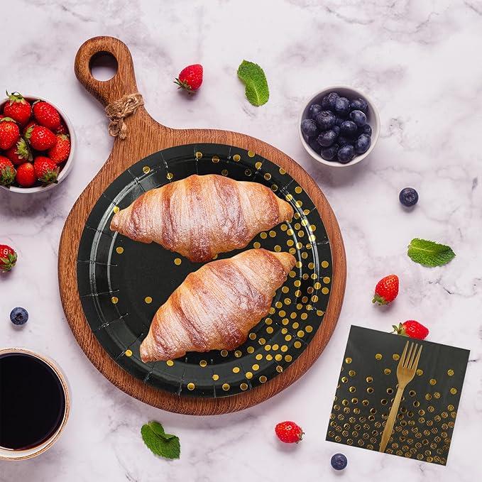 90PCS Black and Gold Paper Plates and Napkins Set, Disposable Gold Dot Party Plates with Napkins Forks Dessert Dinnerware Party Supplies for Wedding, Graduation, Festivals