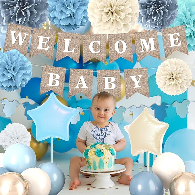 Dusty Blue Baby Shower Decorations- Boy Baby Shower Decor Set with- Welcome Baby Banner, Clothes Banner, Cake Topper, Tissue Pom Poms, Dusty Blue Balloons | Boho Baby Boy Shower Decorations