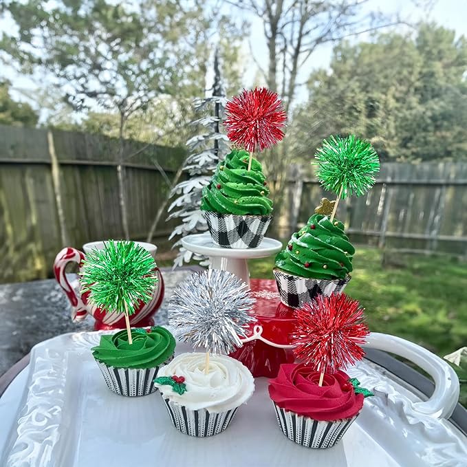 Gyufise 30Pcs Foil Firework Cupcake Toppers Sparkle Tinsel Cake Toppers Tinsel Drink Cake Decoration Cocktail Picks for Birthday Wedding Graduation Party Supplies Silver Green Red