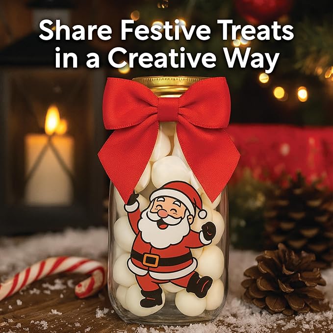 12 Pack Christmas Candy Jars with Ribbons and Stickers – Santa and Friends Party Favor Bottles for Kids – DIY Holiday Party Decorations, Classroom Gifts, and Stocking Stuffers