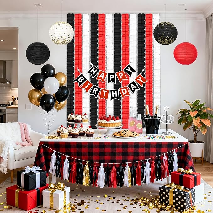 12Pcs Black White Red Party Decorations, Hanging Black White and Red Paper Streamers Garland for Graduation Birthday Baby Shower Wedding Casino Night Christmas New Years Eve Party Backdrop Décor