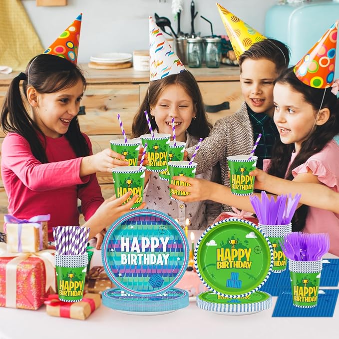 Video Games Party Tableware Supplies,Including Paper Plates Napkins Cups Forks Knives and Straw Video Games Theme Party Birthday Decorations Serve 24 Guests