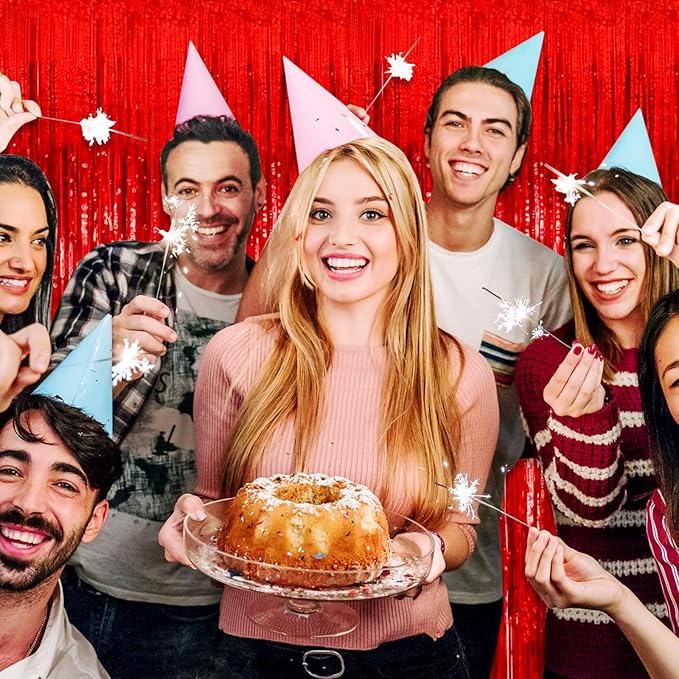 3 Pack Red Foil Fringe Curtain Backdrop, 3.28Ft x 8.2Ft Metallic Tinsel Foil Fringe Streamer Curtains for Photo Booth, Mother's Day, Easter, Birthday, Wedding Party Decorations