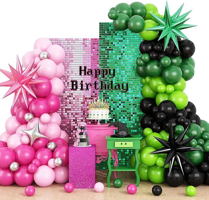 Pink Green Black Balloon Arch Kit with Star Foil Balloons, 155 PCS Witch Theme Party Balloon Garland for Girls Princess Witch Theme Birthday Party Backdrop Decorations Supplies