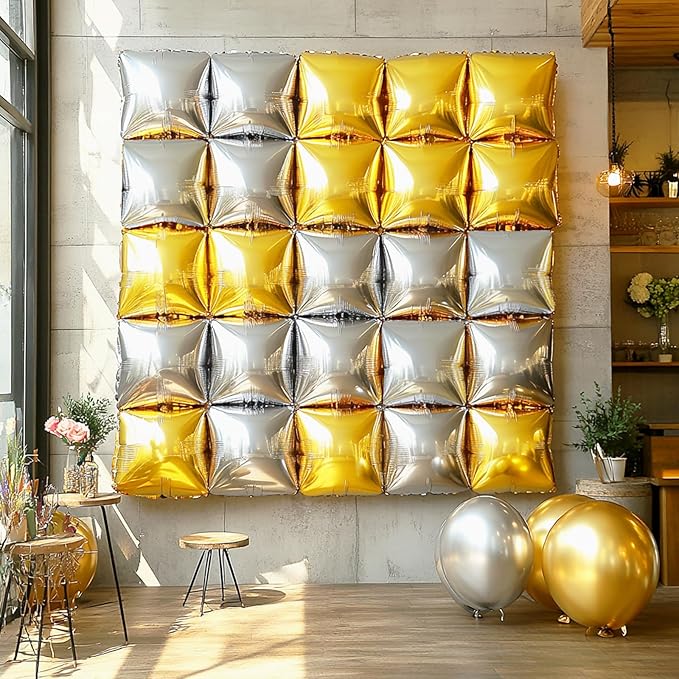 NISOCY 25PCS Metallic Silver Gold Square Foil Balloons Wall Backdrop Double Sided Chrome Gold Silver Balloons Arch Kit for New Year Anniversary Graduation Birthday Engagement Bridal Party Decorations
