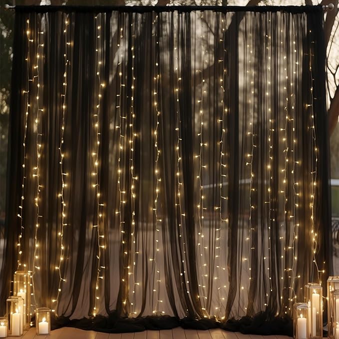 20ft x 10ft Black Backdrop Curtain with Lights String for Parties, Sheer Tulle Wedding Photo Backdrops Drapes for Baby Shower Birthday Party Decorations Background for Photography