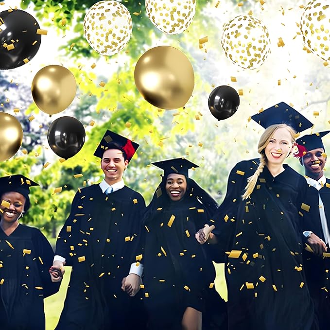 Black and Gold Confetti Balloons, 50 Pack Gold Metallic and Black Latex Balloons for Birthday Graduation Annivesary New Year Party Decorations.