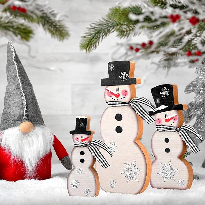 Suzile 3 Pcs Christmas Snowman Tabletop Decor Winter Wooden Table Decorations Rustic Snowman Table Centerpieces Farmhouse Winter Block Sign for Home Fireplace Mantel Holiday Party