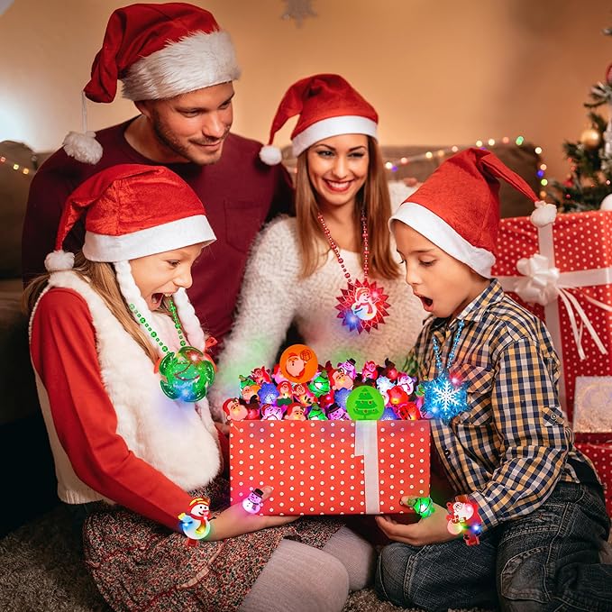64 PCS Christmas Party Favors Bulk Glow in The Dark Party Supplies LED Christmas Toys Bulk Light Up Necklace Bracelet Rings Xmas Toy Gifts for Stocking Stuffers Holiday Favors Classroom Rewards Prizes