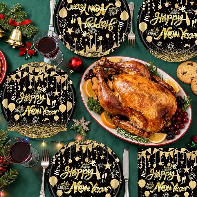 40Pcs 2026 Happy New Year Paper Plates and Napkins Party Supplies, Disposable New Years Eve Plates Napkins Dinnerware Set for New Years Party Decorations