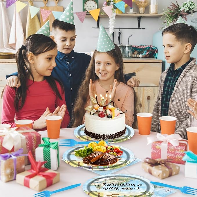 96Pcs Travel Themed Supplies Adventure Awaits Party Decorations Around the World Party Plates and Napkins Forks for 24 Guests - Disposable Tableware Travel for Baby Shower Birthday Decorations