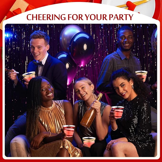 Gejoy 9 oz Rimmed Swirl Plastic Cups Disposable Wine Drinking Cups Clear Elegant Halloween Tumblers for Christmas Party Supplies(Red, Gold,100 Pcs)