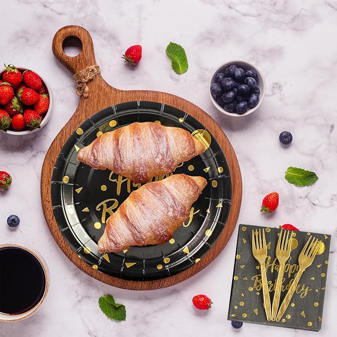 90PCS Happy Birthday Plates and Napkins Party Supplies, Disposable Black Gold Dot Dessert Paper Plates Napkins with Forks Tableware Set Party Decorations for Girl Women Birthday Parties