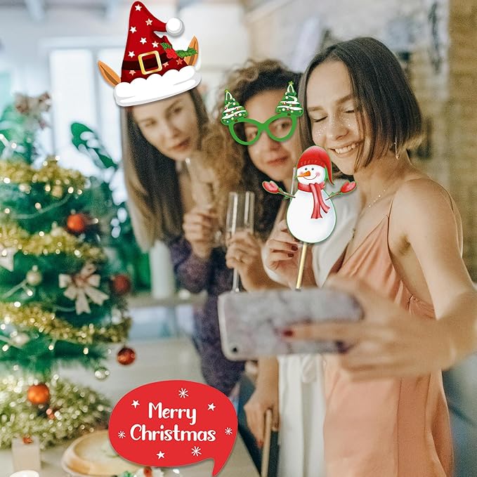 32PCS Christmas Photo Booth Props Set – Funny Xmas Party Decorations with Santa Hats, Glasses, Beards, Elf Ears & Signs – Christmas Party Supplies for Kids & Adults Holiday Photo Booth