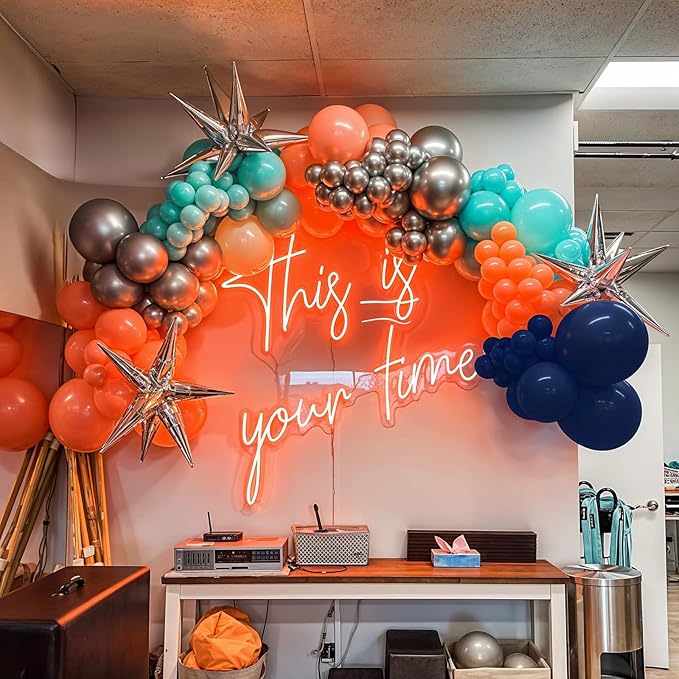 Blue Orange Balloons, 12 Inch Teal Navy Bule Balloons with Metallic Silver Balloon for Kids Boys Girls Birthday Thanksgiving Fall Graduation Basketball Outer Space Astronaut Theme Party Decorations