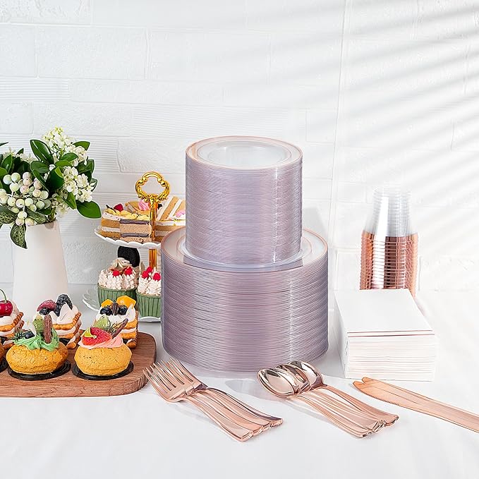 GATHER 350PCS Rose Gold Plastic Plates - Disposable Rose Gold Dinnerware Includes 100 Clear Rose Golds Rimmed Plastic Plates, 150 Silverware, 50 Napkins, 50 Cups for Party, Wedding