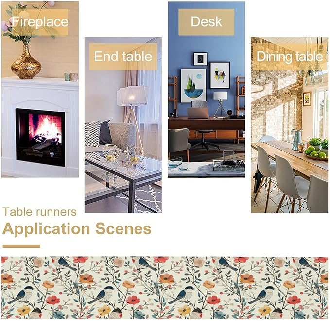 Spring Bird Floral Table Runner,Birds Table Runner Burlap Table Decoration for Summer Seasonal Home Kitchen Dining Dinner Indoor Holiday Farmhouse Decor 13x90 Inch