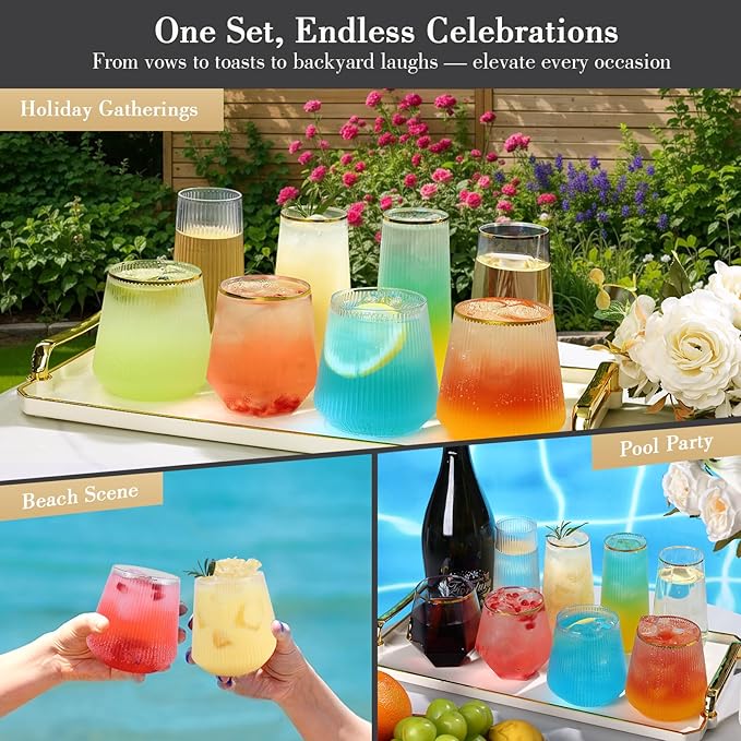 48 Pack Plastic Glasses – 24 x 9oz Stemless Champagne Flutes & 24 x 12oz Stemless Wine Glasses – Elegant Disposable Shatterproof Cup – BPA-Free Drinkware for Weddings, Parties (Clear Ribbed)