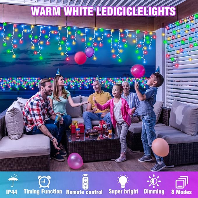 320 LED White Icicle Lights Outdoor Waterproof, 32.8FT Connectable Christmas String Lights with Remote & Timer, 8 Lighting Modes Dimmable Holiday Wedding Party Decorations
