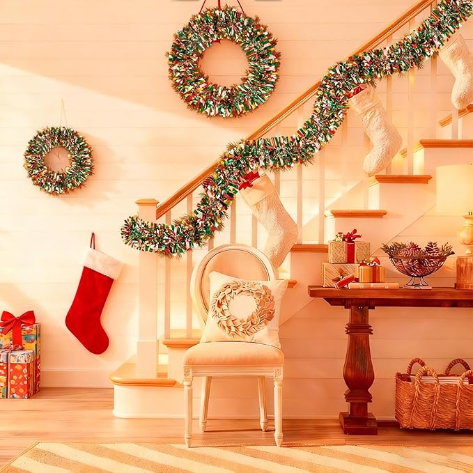 50Ft Christmas Tinsel Garland, Red Grenn Gold Metallic Twist Garland for Xmas Tree Decorations, Tinsel for New Year Party Ceiling Hanging Decorations Indoor and Outdoor Decor