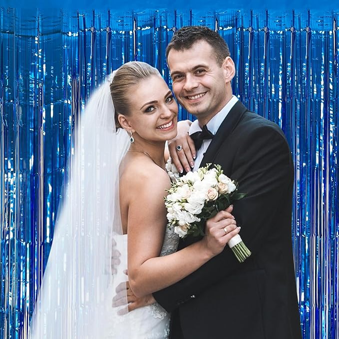 10 Pack Foil Curtain Backdrop Blue Metallic Tinsel Foil Fringe Curtains Photo Booth Props for Birthday Wedding Engagement Baby Shower Bachelorette Christmas Holiday Celebration Party Decorations