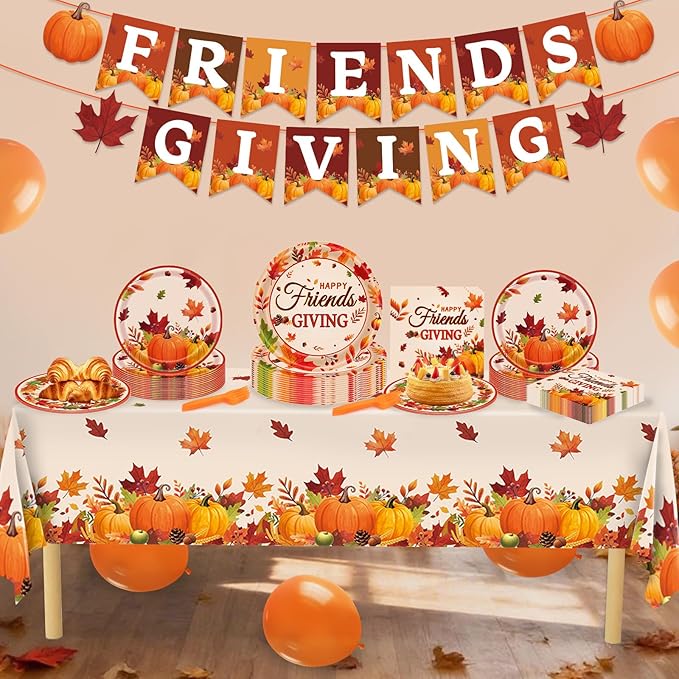 REDWORD Friendsgiving Plates, 98Pcs Friendsgiving Paper Plates-Serve 24 with Friends Giving Banner Fall Pumpkin Tablecloth Napkins for Fall Thanksgiving Friends giving Party Decorations