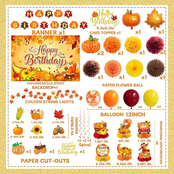 Fall Decorations Fall Birthday Party Decorations Include Autumn Backdrop Banner Cake Topper Honeycomb Pumpkin Balloon for Thanksgiving Birthday Decorations