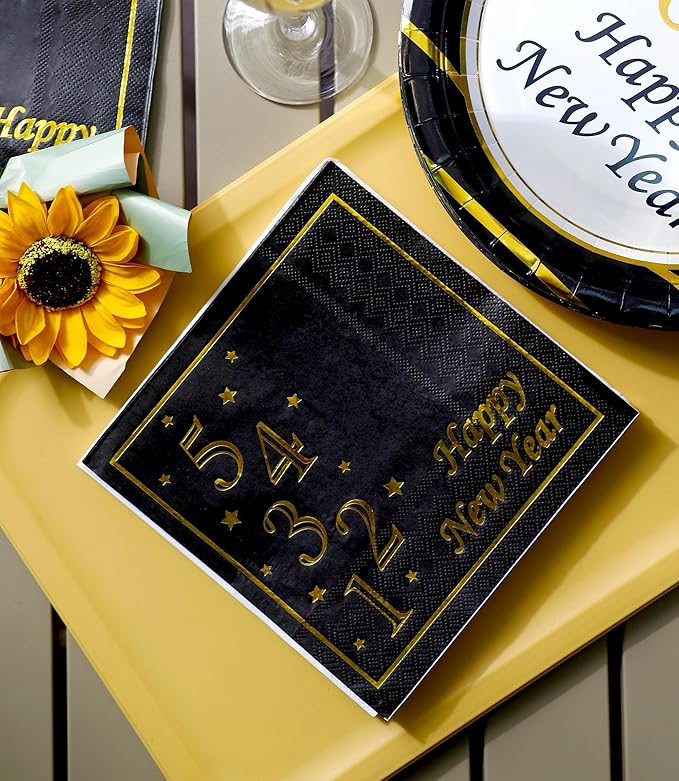 2026 New Year Plates and Napkins Party Supplies - Serves 25 - Happy New Year Eve 9 Inch and 7 Inch Plates, Napkins NY Party Decorations Favors