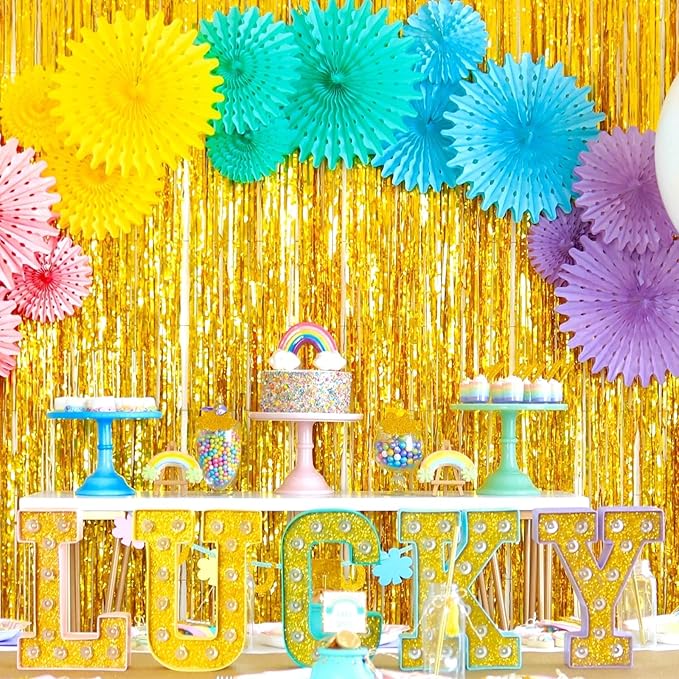 4 Pack Gold Foil Fringe Curtain Backdrop, 3.28Ft x 8.2Ft Metallic Tinsel Foil Fringe Streamer Curtains for Photo Booth Props, Birthday, Wedding, New Year’s, Christmas Decoration Party Supplies New