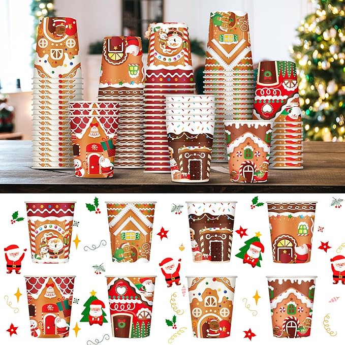 Zhehao 200 Pcs Christmas 9 oz Paper Cups Disposable Coffee Cups Santa Snowman Elk Disposable Hot Cups Xmas Party Drinkware Supplies for Holiday Tea Beverage Cocoa Cold Hot Drink (Gingerbread Style)
