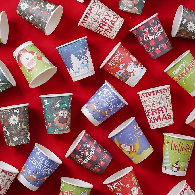 120 Pcs Christmas Disposable Paper Cups 9oz Coffee & Tea Cup with 10 Holiday Designs Christmas Hot Chocolate Cocoa Cup Drinkware Xmas Drink Cups for Cold/Hot Beverage Winter Party Supplies