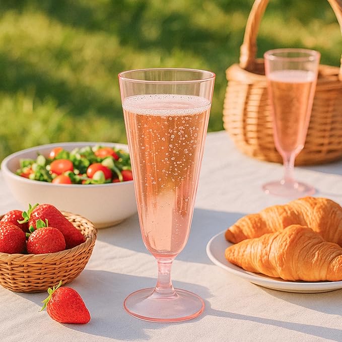 50 Pack Pink Clear Plastic Champagne Flutes, 5 Oz Disposable Champagne Glasses, Unbreakable Acrylic Mimosa Glasses Wedding Cocktail Cups for Engagement Birthday Graduation Party Decorations Supplies