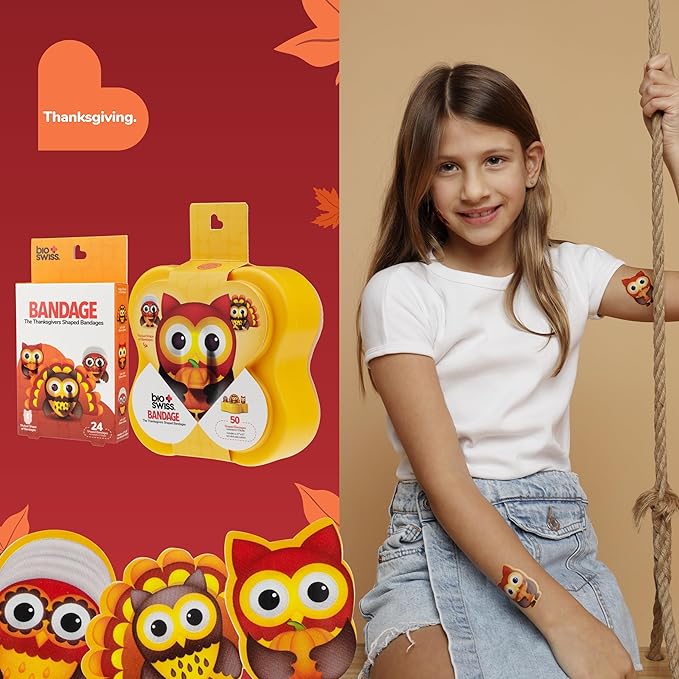 BioSwiss Kids Bandages, Thanksgiving Shaped Self Adhesive Bandage Set, Latex Free, Sterile Wound Care, 24 Count