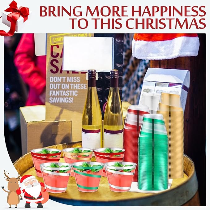 Gejoy 9 oz Rimmed Swirl Plastic Cups Disposable Wine Drinking Cups Clear Elegant Halloween Tumblers for Christmas Party Supplies(Red,Green,Gold,Silver,100 Pcs)