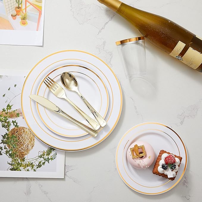 N9R 300PCS Gold Plastic Silverware, Heavy Duty Gold Plastic Cutlery Set Disposable Flatware Dinnerware, 100 Forks, 100 Spoons, 100 Knives, Perfect for Party, Wedding and Daily Use