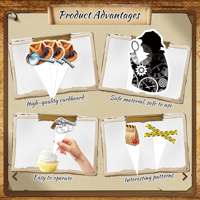 48 PCS Murder Mystery Happy Birthday Cupcake Toppers Detective Theme Party Decorations Crime Scene Cake Decor Cupcak Decorations Cake Decorating Party Supplies Decor for Men Women Boys Girls