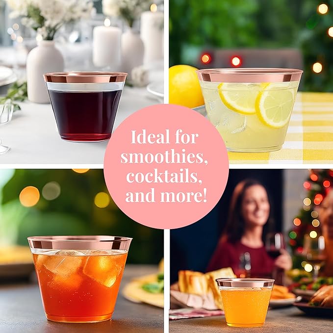 Prestee 200 Rose Gold Plastic Cups, 9oz – Elegant Hard Disposable Tumblers for Wine, Cocktails & Beverages – Clear Plastic Cups with Rose Gold Rim – Bulk Party Drinkware for Weddings, Holidays & Event