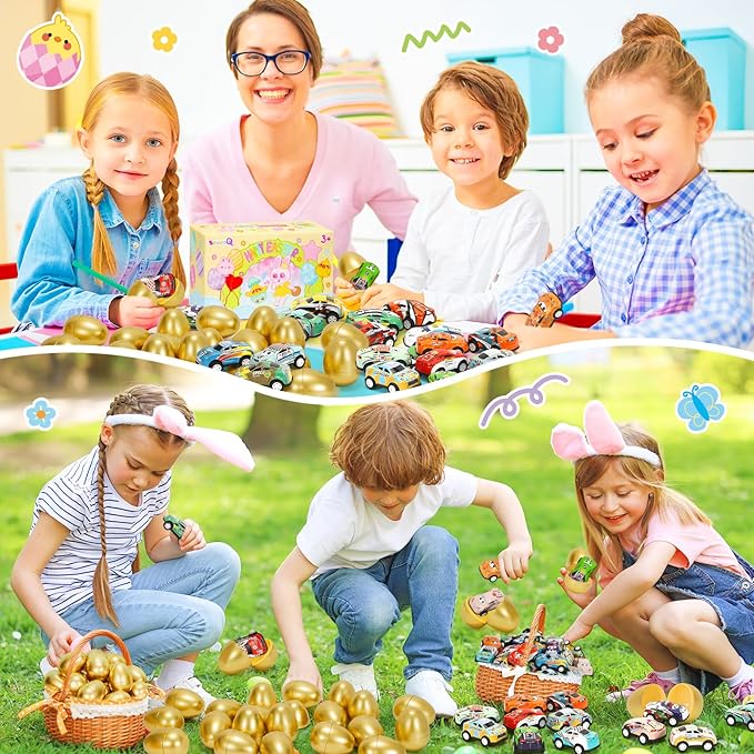 SevenQ Toy Cars Easter Egg Fillers 24 Pcs, Prefilled Easter Basket Stuffers Gifts for Kids Mini Race Car Party Favors Treasure Box Toys for Classroom Birthday Chest Prizes Goodie Bag Hunt Easter Games