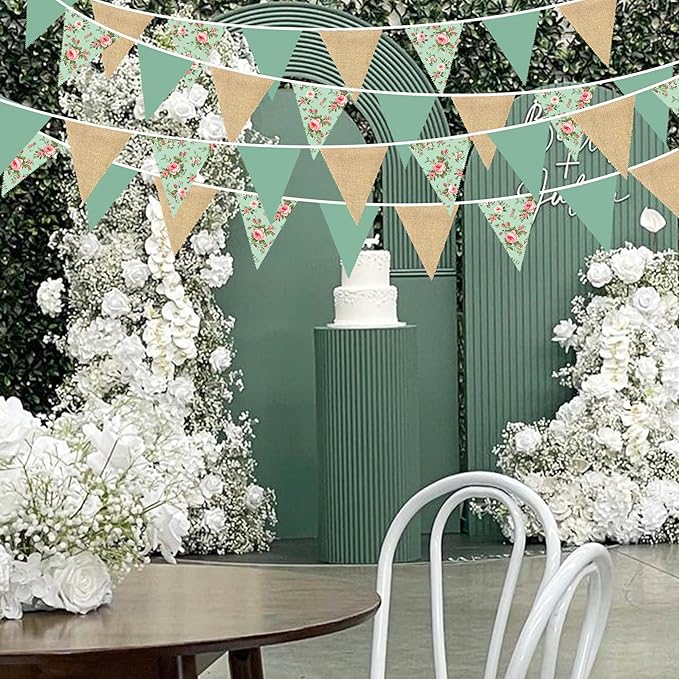 32Ft Flora Party Decorations Sage Green Wildflower Burlap Flora Fabric Banner Triangle Flag Pennant Garland Streamer for Tea Party Vintage Birthday Wedding Baby Shower Mother's Day Engagement Decor