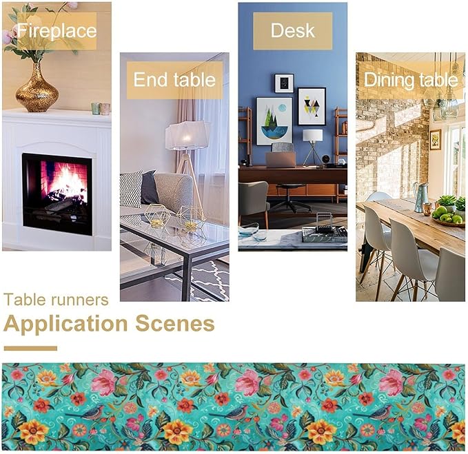 Flowers Birds Spring Table Runner, Colorful Birds Branches Blue Floral Seasonal Kitchen Dining Table Decoration for Home Party Decor 13x108 Inch